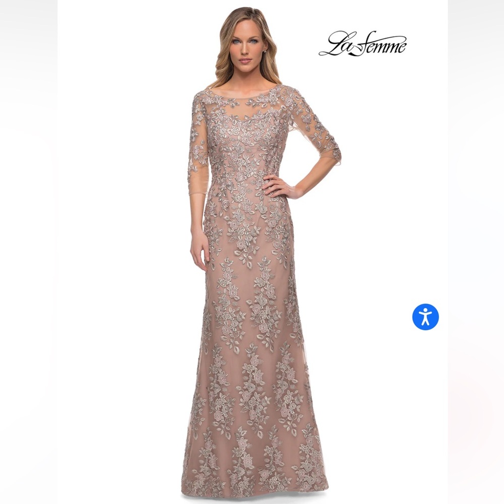 La Femme Long Sleeve Floral Embroidered Gown